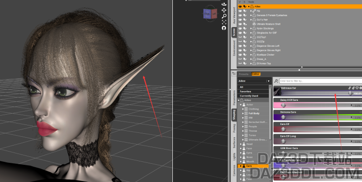 捏精灵长耳朵如何穿过头发不让头发产生变形？_DAZ3D下载站